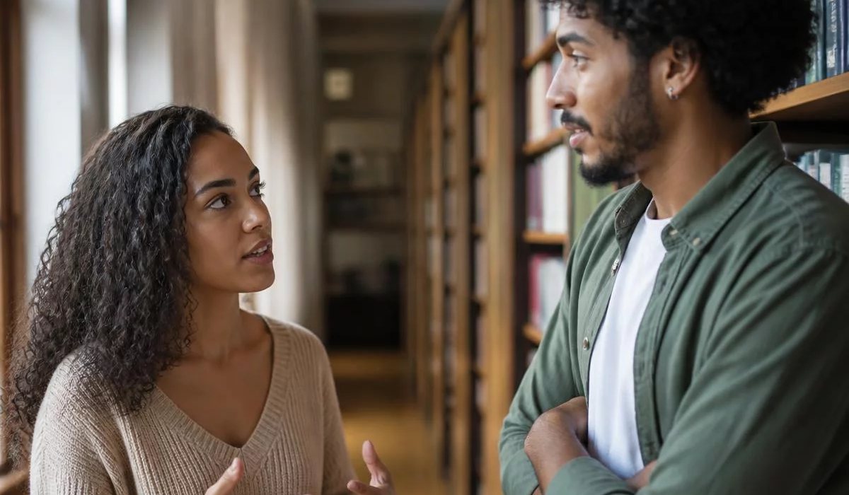 Pessoas conversando de pé junto às estantes antes de o encontro abrir